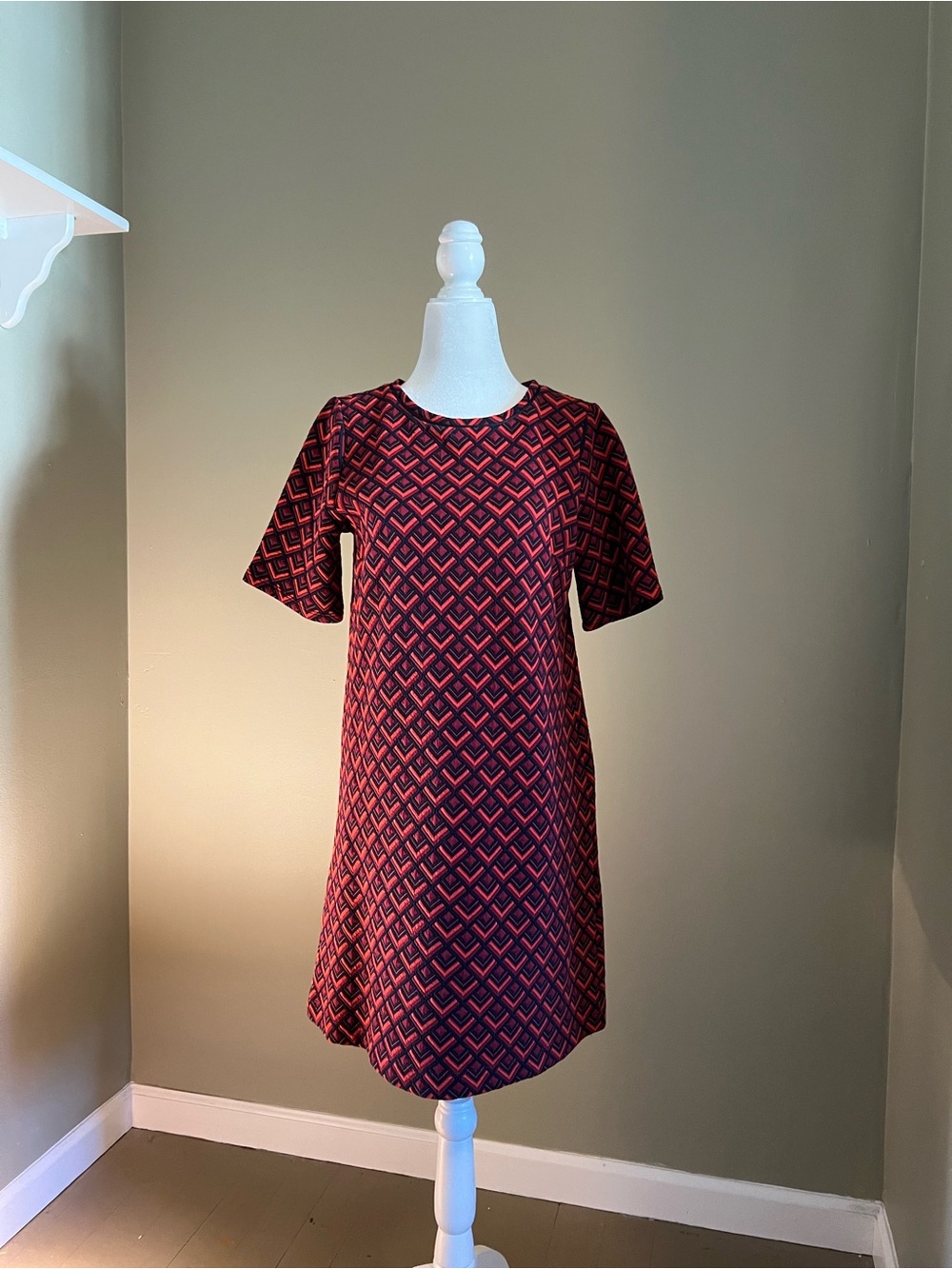 LOFT Burgundy and Black‎ Geometric Midi Dress